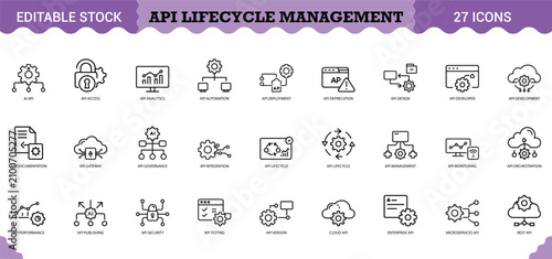 Foto PrintAPI Lifecycle Management Icon Set - 27 Editable Vector Icons for API Development & Governance