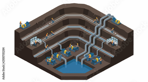 Fényképezés Isometric illustration of underground mining operation with workers and machinery