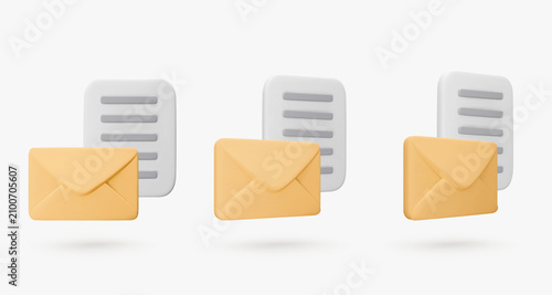 Set vector icon, 3d render yellow envelope with document isolated on white. Message, mail, newsletter subscriptions, business docs, email services. Illustration for banner, web, social media, app