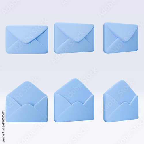 Set vector 3d envelope icon isolated on white. Message, mail, open mail, newsletter subscriptions, business documents, email services. Cute render illustration for banner, web, social media, app