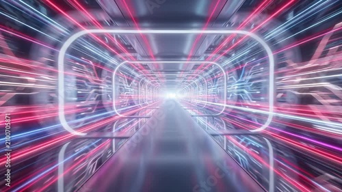 Neon futuristic tunnel corridor glowing light streaks illuminated corridor with reflective floor