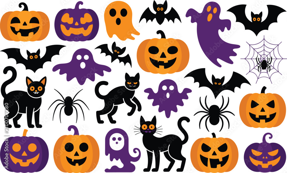 Fototapeta premium Set of cute halloween holiday design elements featuring ghosts pumpkins bats and spiders