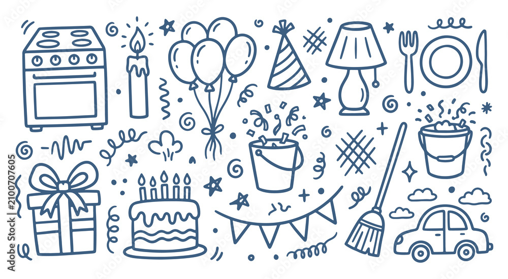 Fototapeta premium Hand drawn doodle set of celebration, party items and household chores objects for children