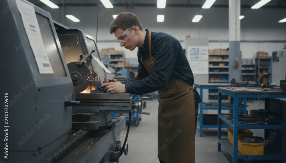 Fototapeta premium Elderly machinist instructor demonstrates precision surface grinding technique to a manufacturing apprentice at a technical college workshop, training competency checklist and industry certification