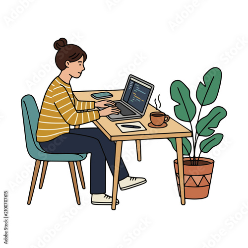minimalist flat vector illustration of a person working on a laptop at a desk