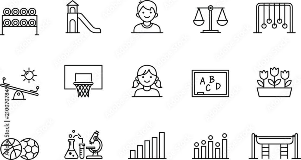 Fototapeta premium Education outline icons, school learning symbols featuring playground science sports classroom and achievement vector collection design