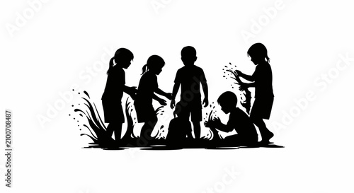 Children playing with water black silhouette kids