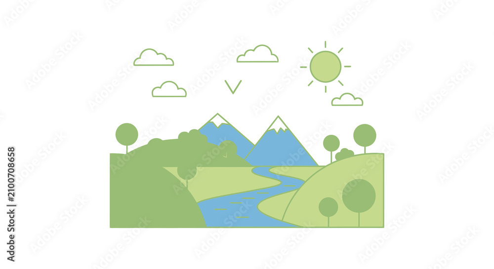 Naklejka premium Landscape Scene With Mountains River And Sun Flat Vector Silhouette