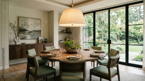Elegant dining room with round table and garden view.