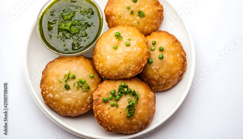 Peas kachori served with alu sabji in a white plate in Kolkata