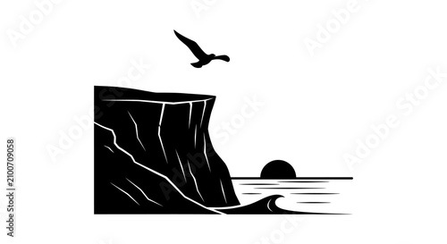 Foto Coastal cliff seabird and sun silhouette cliff
