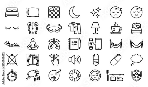 Modern Sleep Outline Icons Collection with Rest Bedroom Dream and Night Routine Vector Symbols