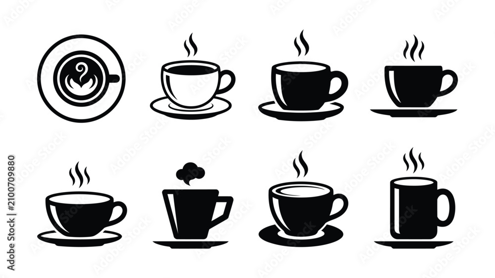 Fototapeta premium Black and white coffee cups with steam rising on saucers icons