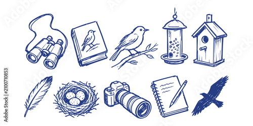 bird watching ornithology element collection hand drawn doodle icon set vector illustration