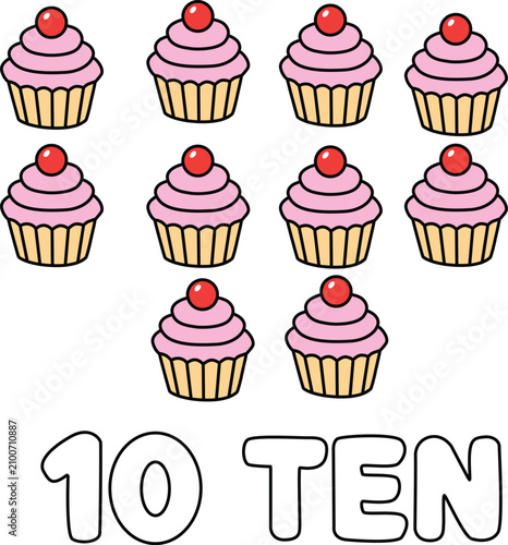 Number 10 TEN with sweet cherry cupcakes, educational counting illustration