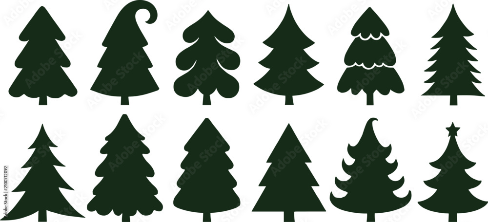 Obraz premium Collection of Dark Green Christmas Tree Silhouettes,Collection of Dark Green Christmas Tree Silhouettes,A collection of 11 dark