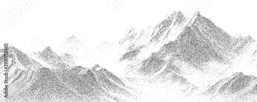 Foto Mountain grain texture, monochrome stipple landscape with rugged peaks, snowy ridges and faded atmospheric depth