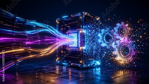 Modern computing power and data management shown by bright digital streams flowing into a central processing unit with glowing mechanical gears for optimal system efficiency and integration.
