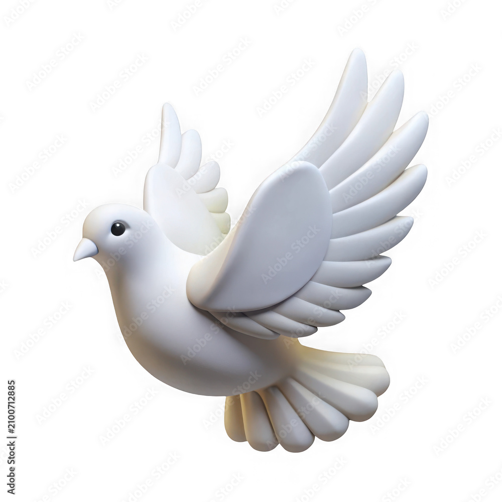 Fototapeta premium Peaceful white dove flying spreading wings 3D icon with delicate, isolated transparent background
