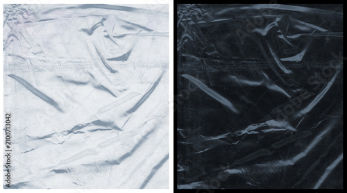 Photos Crumpled plastic wrap texture set, transparent cellophane film overlays on white