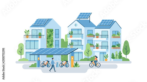 Eco-friendly urban living: sustainable buildings with solar panels and electric bikes