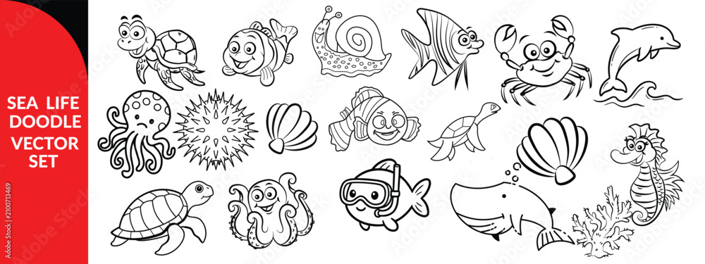 Fototapeta premium Sea life doodle vector icon set design .