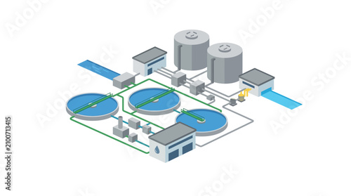 Wastewater Treatment Plant Isometric Illustration - Clean Water Process