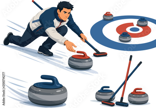 Cuadro en lienzo Man playing curling on white background Keywords: curling, sport, ice sport, ath