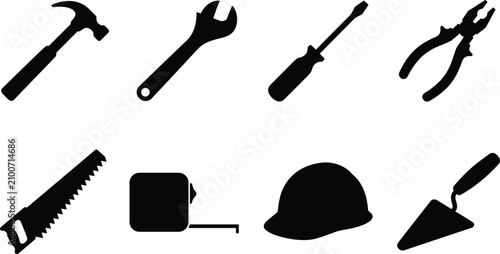 Konstfotografi Construction and home improvement hand tools silhouette vector set featuring ham