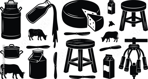 Fotografie Dairy farm production and fresh milk processing industry vector icon set with bl