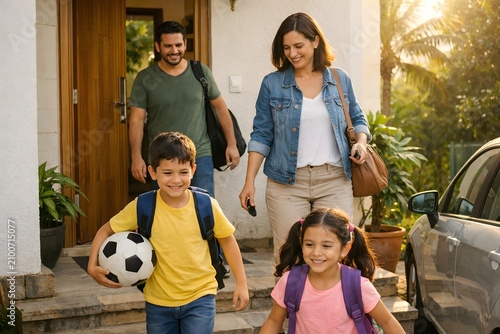 Happy family leaving home for school and sports with backpacks and soccer ball