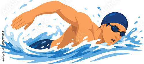 Konstfotografi Swimmer performing freestyle stroke in blue water with splashes