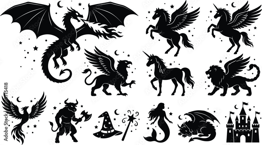 Obraz premium Fantasy mythical creatures and fairytale magic vector icon set with black silhouettes of dragon pegasus unicorn griffin phoenix minotaur mermaid castle witch hat