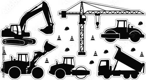 Bild auf Leinwand Heavy construction machinery and building site equipment vector icon set with bl