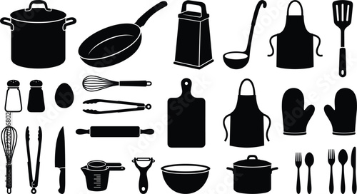 Fotografía Kitchen cooking utensils and culinary preparation tools vector icon set with bla