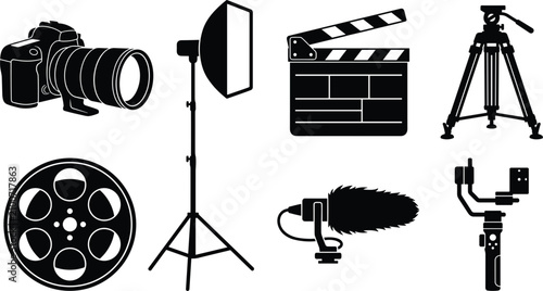 Photos Photography and filmmaking equipment vector icon set with black silhouettes of p