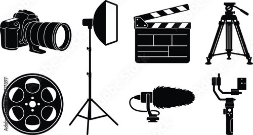 Konstfotografi Photography and filmmaking equipment icon set with black vector silhouettes of DSLR camera, softbox studio light, clapperboard, tripod, film reel, microphone, and gimbal stabilizer