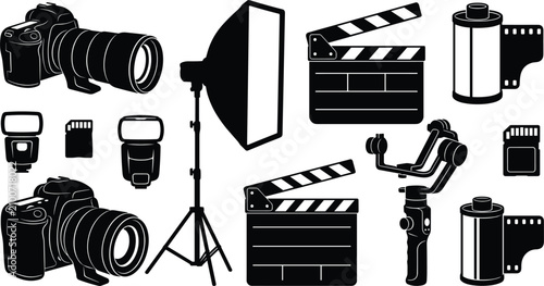 Photos Photography and movie filmmaking equipment studio vector icon set with black sil
