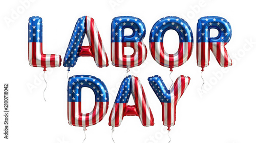 Labor day text spelled with american flag themed balloons, isolated on transparent background