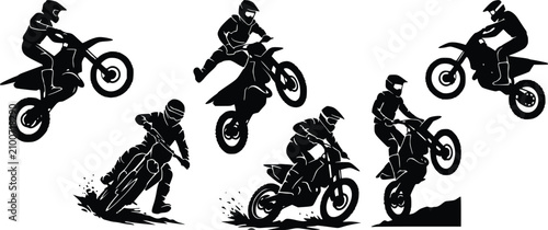 Bild auf Leinwand Black silhouette set of extreme motocross riders performing stunts on dirt bikes