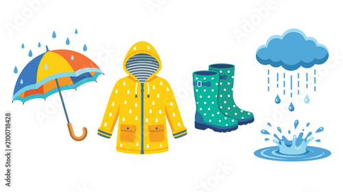 Canvastavla Autumn rainy day vector set, yellow raincoat and colorful umbrella icons, green