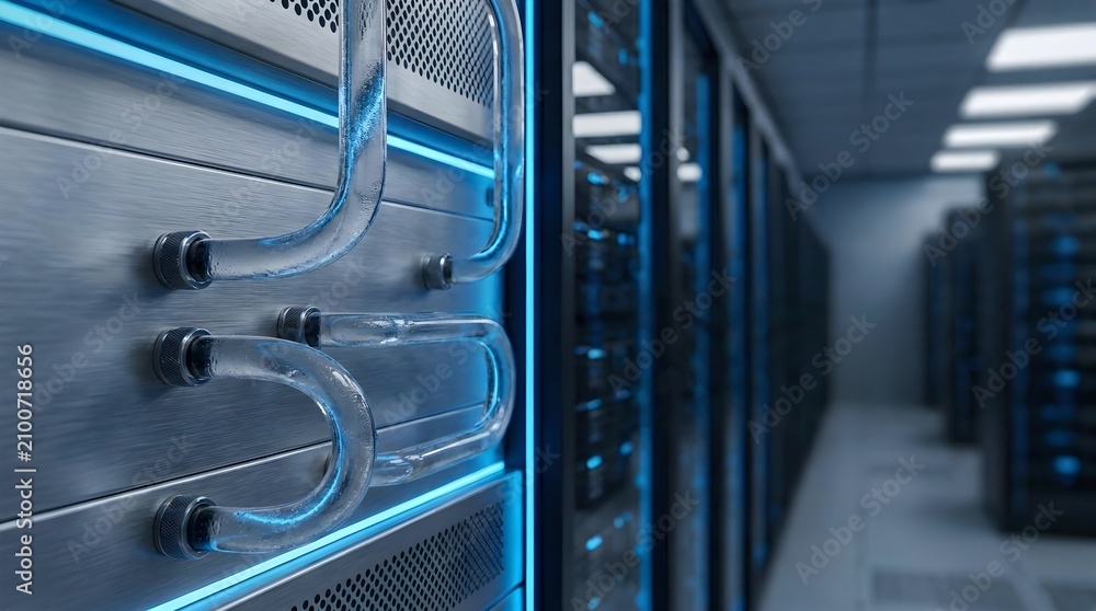 Obraz premium Data Center Server Room with Liquid Cooling System and Blue LED Lighting High Tech Cloud Computing Infrastructure.