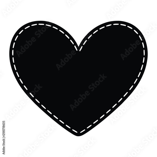 Black heart shape silhouette with a dashed white stitch border outline isolated on a white background, for romantic projects