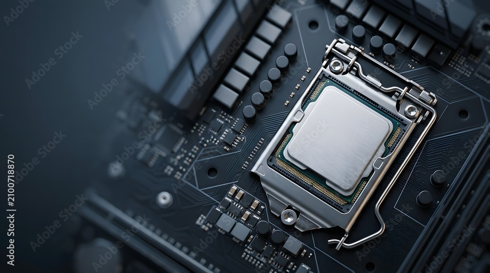 Fototapeta premium High-Performance CPU Computer Processor Installed on a Modern Motherboard for AI and Data Processing.