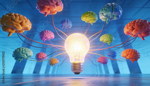 Multiple colorful human brains connected with wires to central glowing light bulb in blue laboratory 3D render