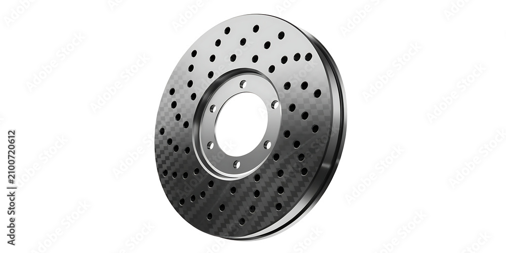 Obraz premium Carbon ceramic brake disc with drilled holes isolated on transparent background for racing