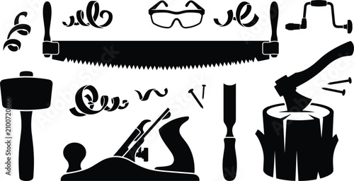 Cuadro en lienzo Woodworking carpentry tools and traditional lumberjack craft vector icon set wit