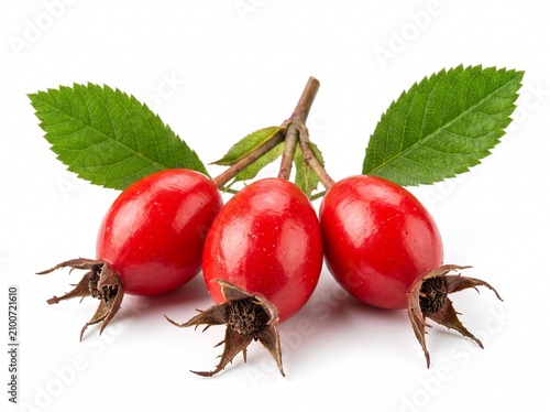 Wholesome and bright red rosehips with fresh leaves against a white background, symbolizing natural health, vitamin C, and herbal supplements