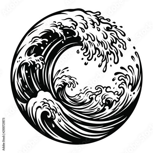 Circular Stylized Ocean Wave Illustration in Black and White Linework Graphic Style