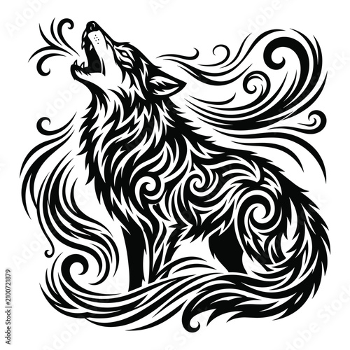 Howling wolf tribal tattoo style vector illustration on white background